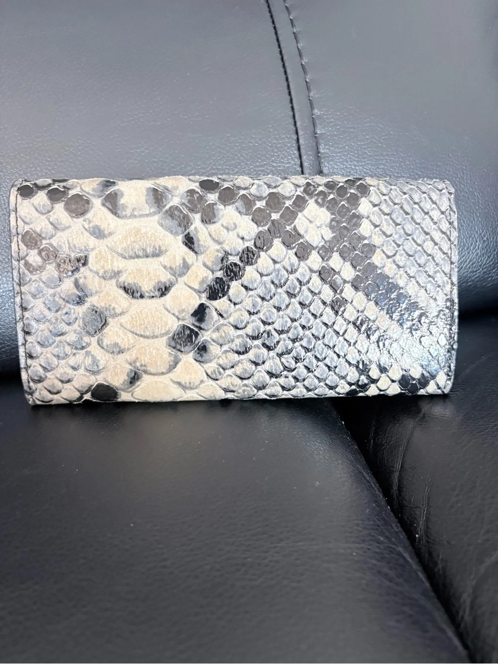 Snake-Print Fold-Over Wallet in Black & Cream